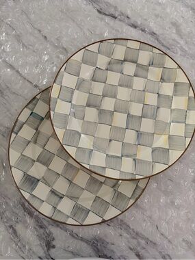 Mackenzie Childs Hand-Painted Checkered enamel charger  Plates — Cream & Gray